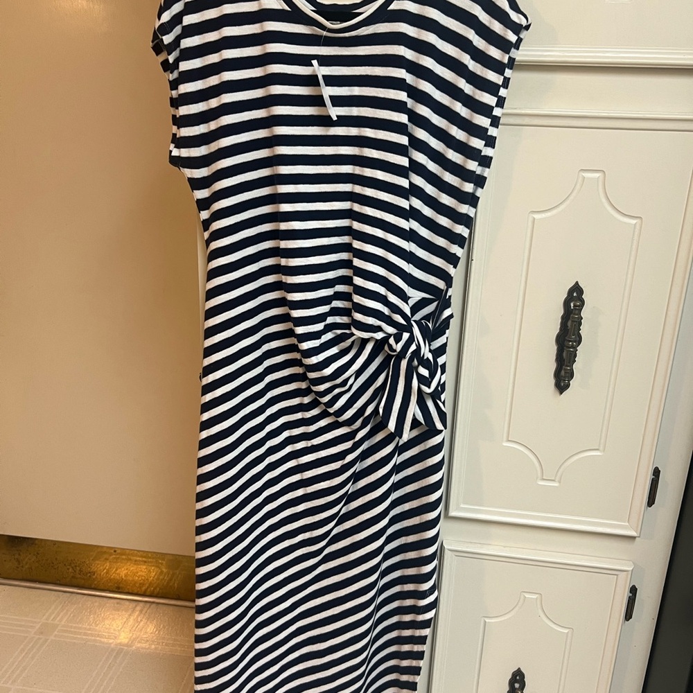 LOFT Navy and White Striped Midi Dress